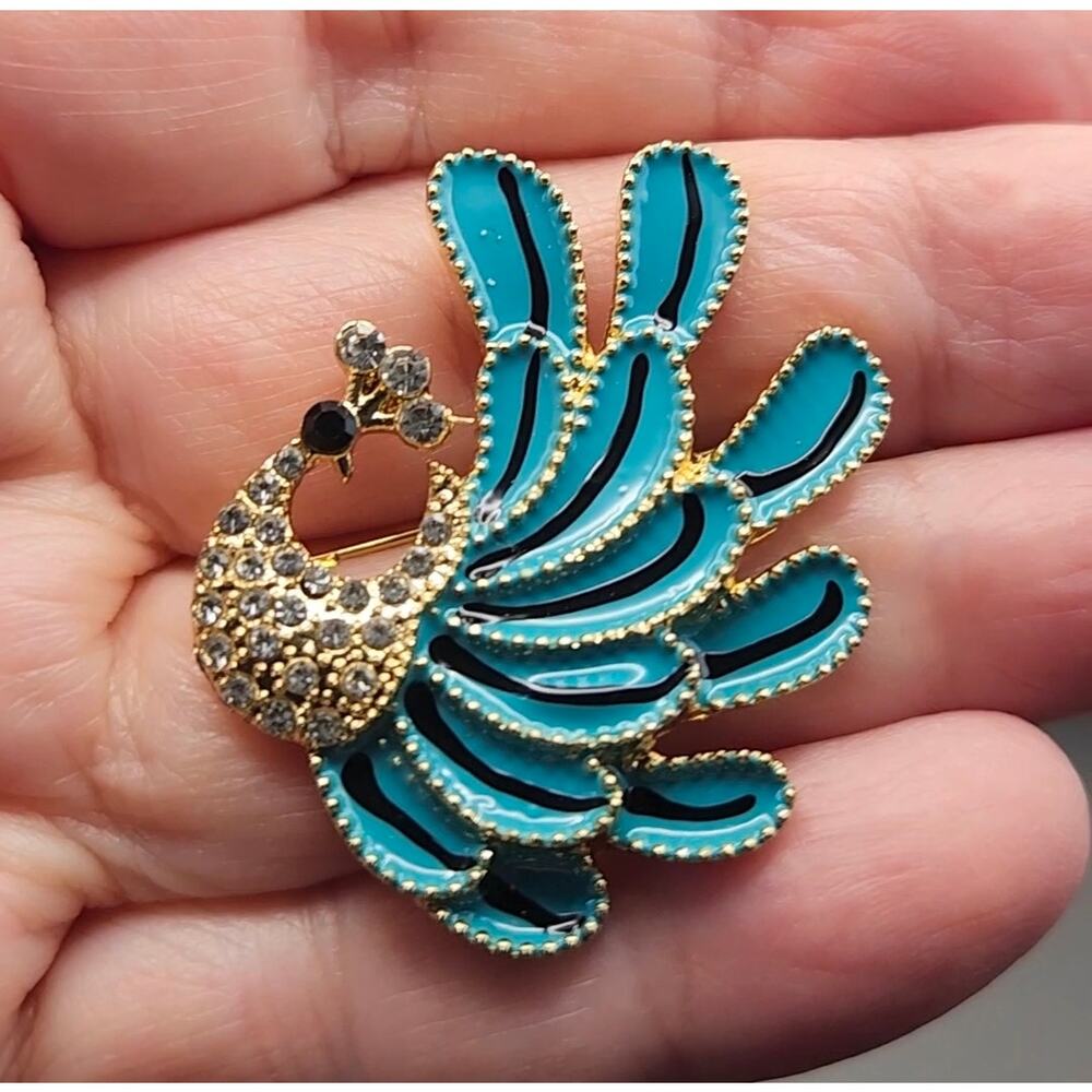 Peacock Brooch Enamel and Rhinestone Smaller Size